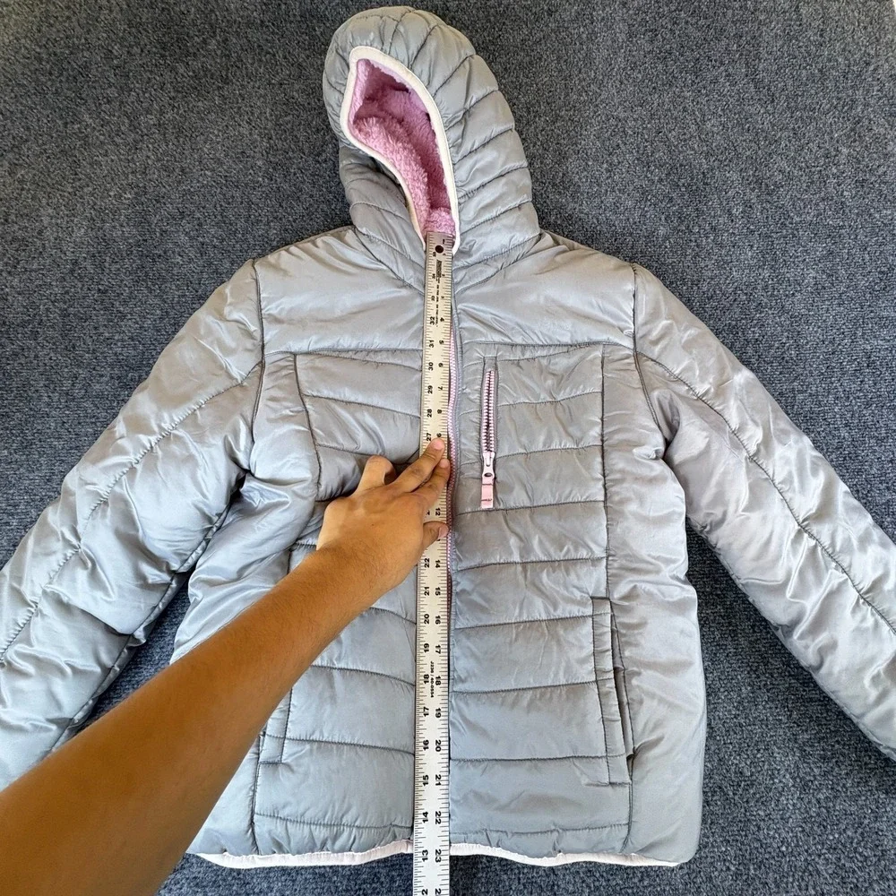 Eddie Bauer Reversible Puffer Jacket Girls L Gray Pink Faux Fur Hooded Full Zip